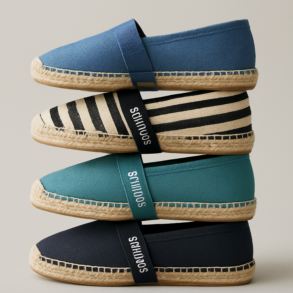Stack of handcrafted woven espadrille flats