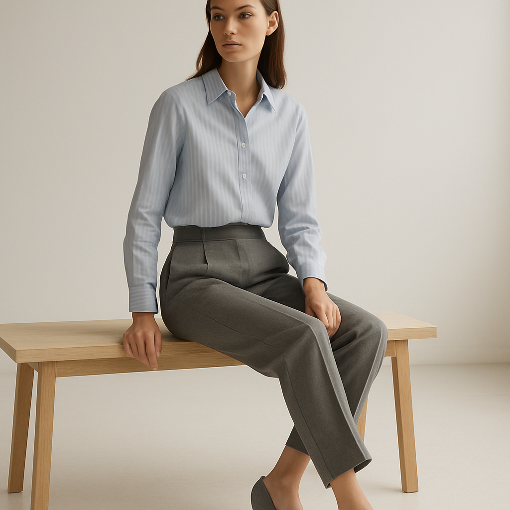 Woman in editorial fashion look sitting on a bench